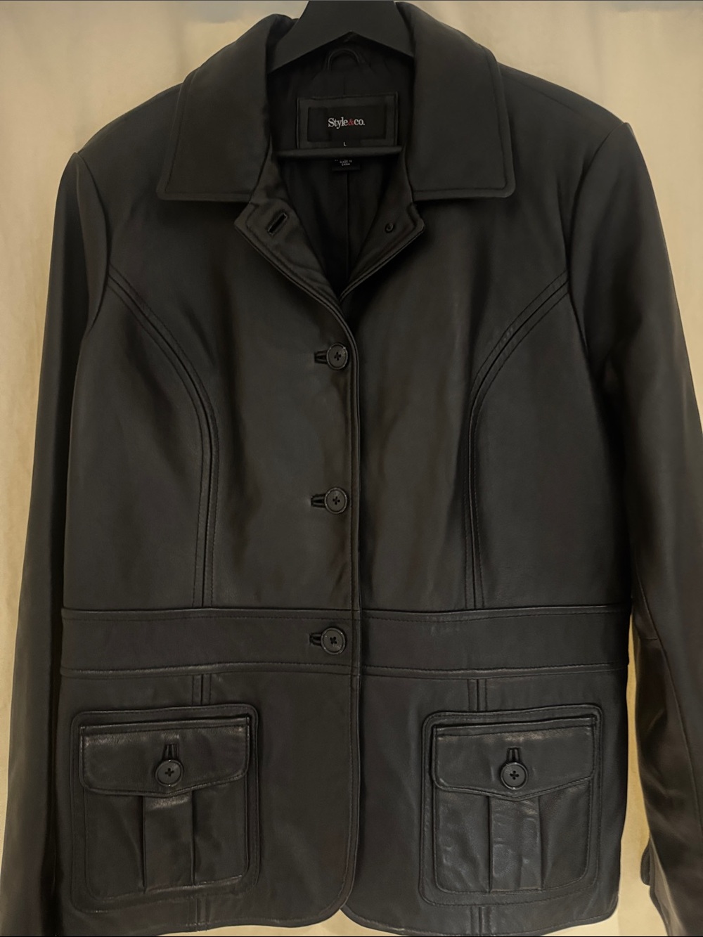 Style & Co. Black Button-Front Leather Jacket